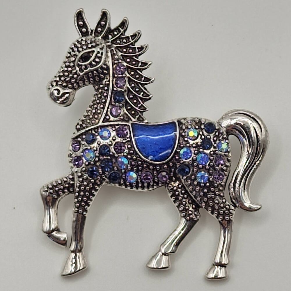 Elegant Horse Brooch Silver Tone Metal W/ Blue Rhinestones Blue Saddle